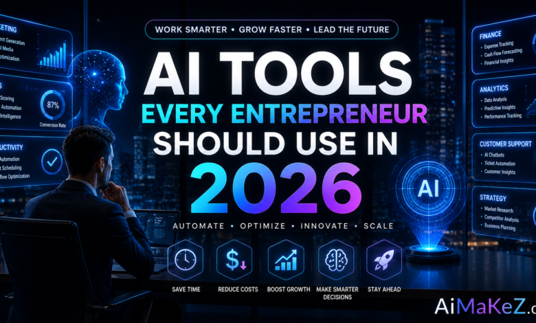 AI Tools Every Entrepreneur Should Use in 2026 featured image showing a futuristic entrepreneur workspace with AI-powered business dashboards, holographic analytics, neural networks, productivity tools, and the title "AI Tools Every Entrepreneur Should Use in 2026".