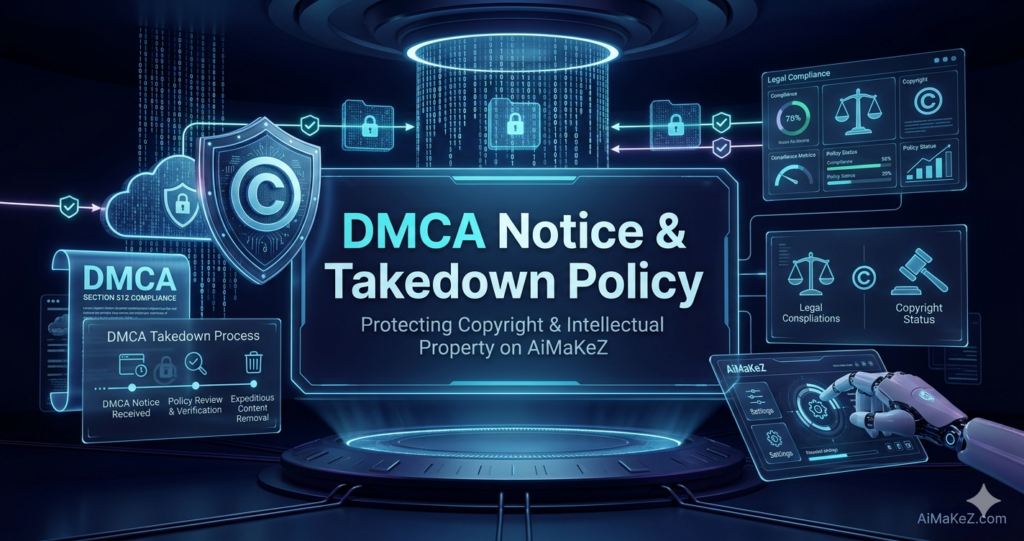 A premium legal compliance featured banner on a dark blue and purple background. In the center, a large, bold text header reads "DMCA Notice & Takedown Policy", with the subtitle "Protecting Copyright & Intellectual Property on AiMaKeZ" directly below it. The text is framed by a glowing futuristic terminal. On the left, a digital copyright shield containing a "C" symbol sits next to a holographic document labeled "DMCA Section 512 Compliance". On the right, interface modules display scales of justice under "Legal Compliance" and a gavel under "Copyright Status", while a robotic hand operates a control panel. The brand watermark "AiMaKeZ.com" rests in the bottom-right corner.