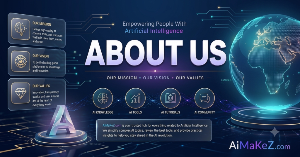 A premium corporate technology banner graphic for the About Us page of AiMaKeZ.com, set against a dark blue and gold tech background. In the dead center, the bold white title reads "ABOUT US" with the subtitle "Empowering People With Artificial Intelligence". To the left, dark translucent floating cards detail "OUR MISSION", "OUR VISION", and "OUR VALUES" linked by fine glowing circuitry lines. Below the main title are four circular neon icons labeled "AI KNOWLEDGE", "AI TOOLS", "AI TUTORIALS", and "AI COMMUNITY". To the right, a large holographic matrix globe rotates on an illuminated pedestal. In the lower-left, a premium 3D silver metallic letter "A" stands on a platform, and the brand watermark "AiMaKeZ.com" rests in the bottom-right corner.