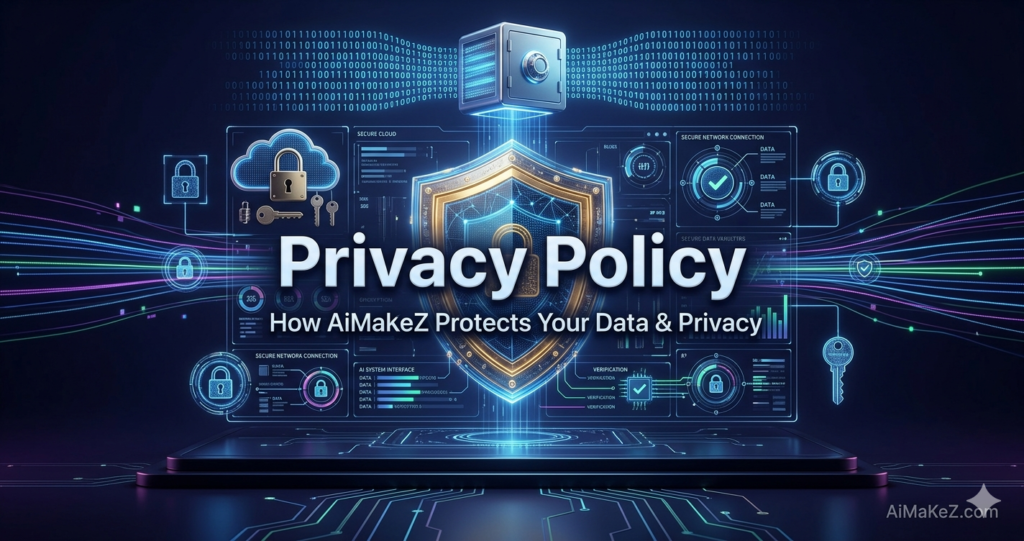 A premium cybersecurity featured banner on a dark blue and purple background. In the center, a large, bold text header reads "Privacy Policy", with the subtitle "How AiMaKeZ Protects Your Data & Privacy" directly below it. The text overlays a giant, glowing golden and blue holographic digital shield containing a lock icon. Surrounding the shield are advanced security interface modules displaying a secure cloud icon, digital keys, privacy padlocks, binary data streams, network connections, and verification charts. A metallic secure safe sits at the very top, and the brand watermark "AiMaKeZ.com" rests in the bottom-right corner.
