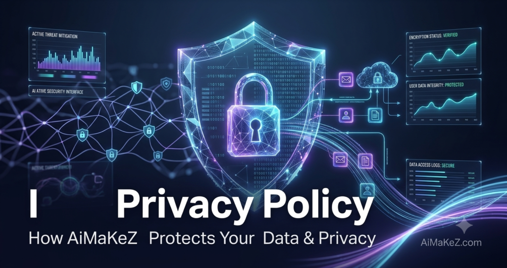 A premium 1200x630 cybersecurity featured image for the AiMaKeZ.com Privacy Policy page, referenced as watermarked_img_8615495517884968900.png. It features a glowing holographic digital shield, a central privacy padlock icon, and secure data analytics dashboards showing encryption status and user data protection.