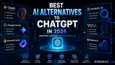 Best AI Alternatives to ChatGPT in 2026 featuring Claude, Gemini, Perplexity, Microsoft Copilot, and other AI assistants displayed on futuristic holographic dashboards.