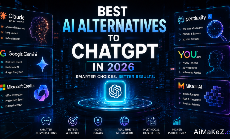 Best AI Alternatives to ChatGPT in 2026 featuring Claude, Gemini, Perplexity, Microsoft Copilot, and other AI assistants displayed on futuristic holographic dashboards.
