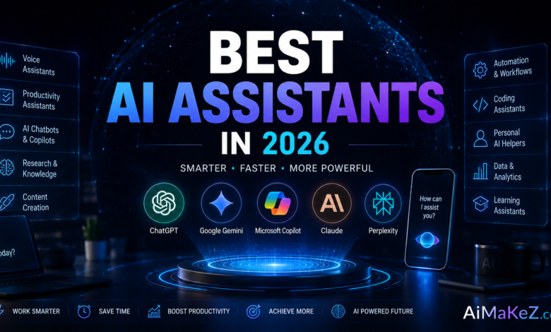 Best AI Assistants in 2026 featured image showing futuristic AI assistants, intelligent chatbots, virtual assistant interfaces, productivity dashboards, and holographic AI technology with the title "Best AI Assistants in 2026".