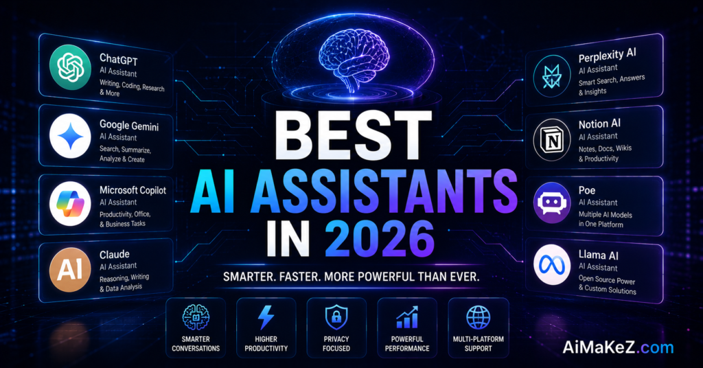 Best AI Assistants in 2026 featuring advanced AI assistants, conversational AI, productivity dashboards, virtual assistants, holographic interfaces, and futuristic artificial intelligence technology.
