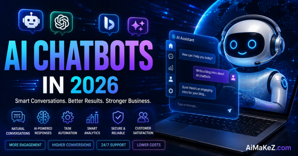 Best AI Chatbots in 2026 featuring advanced AI chatbot interfaces, conversational AI assistants, business automation, smart messaging, and futuristic artificial intelligence technology.