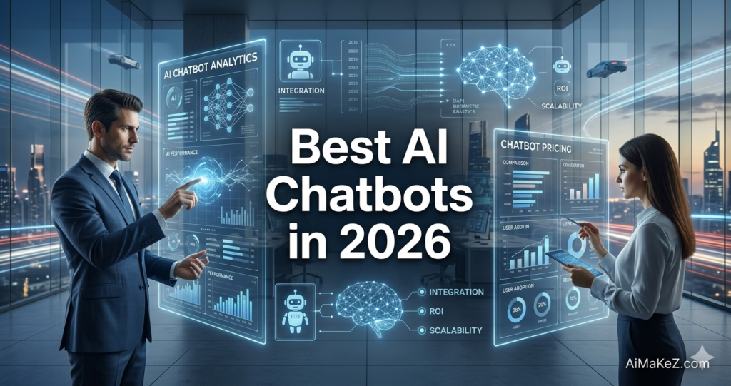 A premium tech review featured image banner inside a high-rise office at dusk overlooking a city skyline. In the center, large bold white text reads "Best AI Chatbots in 2026". On the left, a businessman in a dark suit interacts with a transparent screen displaying "AI CHATBOT ANALYTICS" and glowing digital network nodes. On the right, a businesswoman uses a tablet to review a "CHATBOT PRICING" holographic display with charts for user adoption. Glowing AI brain icons, chatbot robot graphics, and labels for "INTEGRATION", "ROI", and "SCALABILITY" float in the background, and the brand watermark "AiMaKeZ.com" sits in the bottom-right corner.