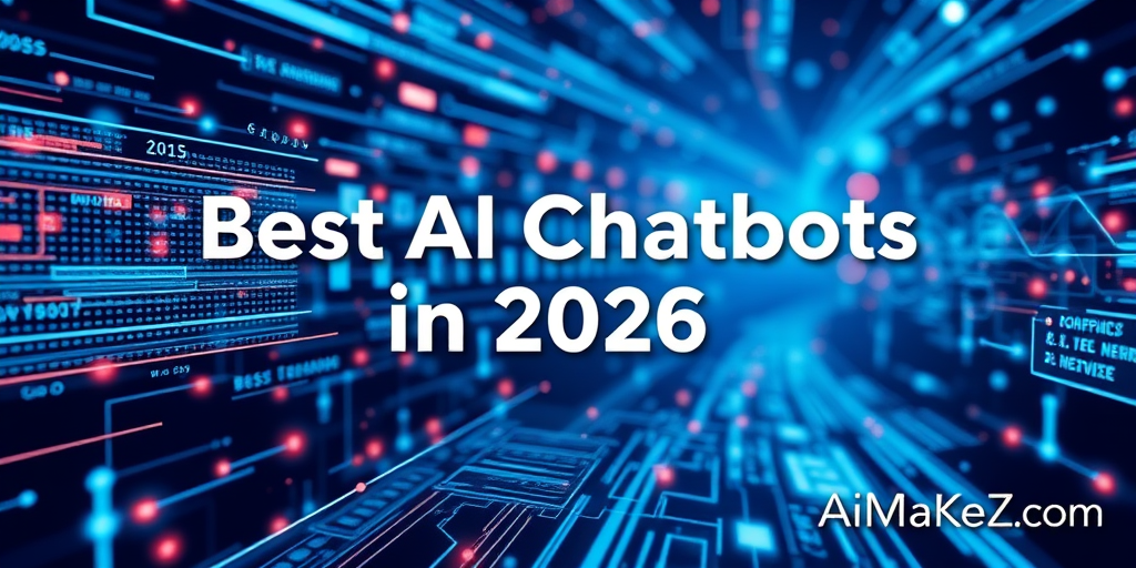 A high-tech digital graphic of a glowing blue data tunnel, with large white text in the center stating 'Best AI Chatbots in 2026' and the 'AiMaKeZ.com' watermark in the bottom right.