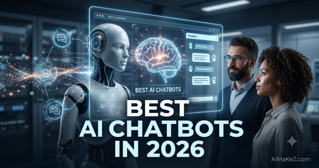 A professional 1200x630 featured image for AiMaKeZ.com titled 'Best AI Chatbots in 2026' featuring a sleek humanoid robot interacting with a man and woman via a holographic chat interface.