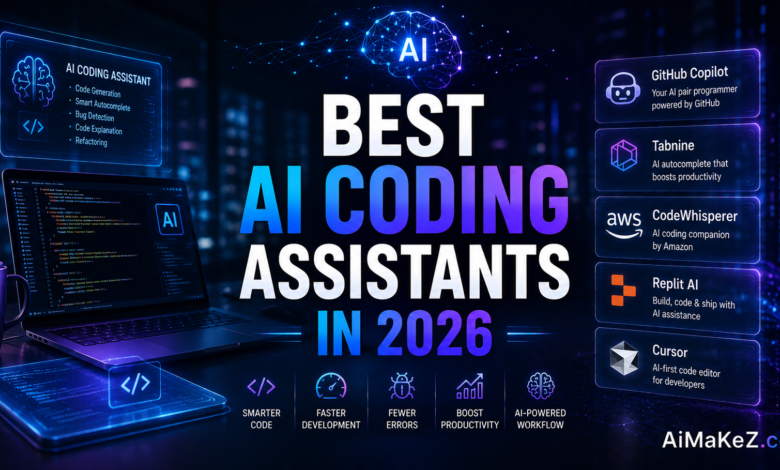 Best AI Coding Assistants in 2026 featuring AI-powered coding tools, code generation, developer dashboards, programming automation, and futuristic software development interfaces.