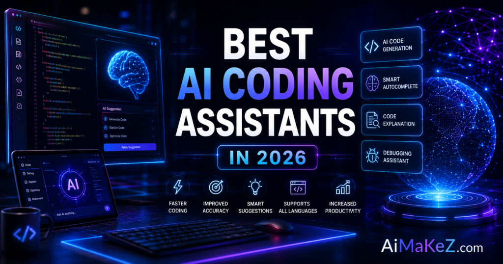 Best AI Coding Assistants in 2026 featured image showing futuristic AI programming assistants, holographic code editor, intelligent code suggestions, developer dashboard, and neural network interfaces with the title "Best AI Coding Assistants in 2026".