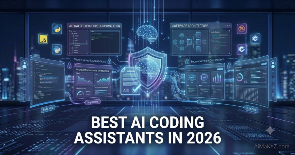 A premium 1200x630 featured image for AiMaKeZ.com titled 'BEST AI CODING ASSISTANTS IN 2026' showing futuristic code editors, AI-powered debugging panels, software architecture diagrams, and floating programming language icons.