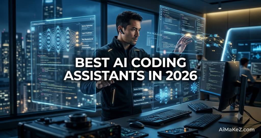 A premium software engineering review featured banner graphic set inside a high-tech corporate software development office at night, overlooking a illuminated city skyline. In the center, large, bold white text reads "BEST AI CODING ASSISTANTS IN 2026". A focused male software engineer stands behind his desk interacting with glowing translucent holographic code interfaces. The screens display structural neural network graphs, syntax optimization blocks, and lines of code. Physical monitors with code, keyboards, and mechanical hardware sit on his desk. The brand watermark "AiMaKeZ.com" rests in the bottom-right corner.