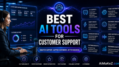 Best AI Customer Support Tools featuring AI chatbots, intelligent customer service dashboards, ticket automation, sentiment analysis, voice AI, and omnichannel support technology.