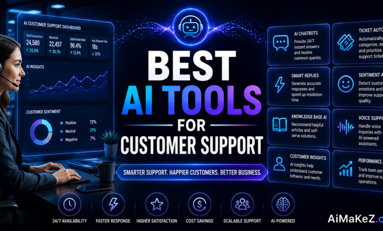 Best AI Customer Support Tools featuring AI chatbots, intelligent customer service dashboards, ticket automation, sentiment analysis, voice AI, and omnichannel support technology.