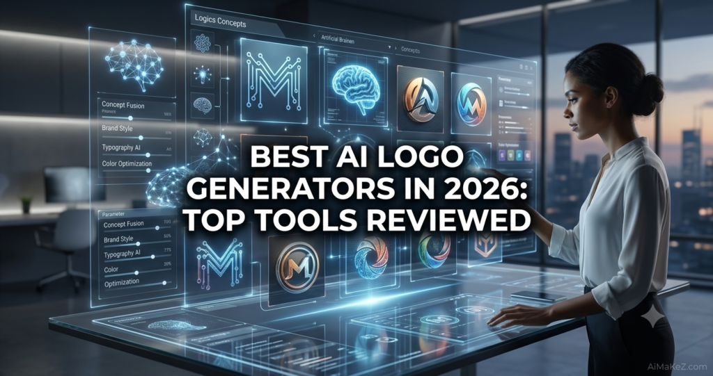 A premium digital design featured banner graphic set inside a sleek high-rise corporate office at dusk. In the center, large, bold white typography reads "BEST AI LOGO GENERATORS IN 2026: TOP TOOLS REVIEWED". On the right, a focused female branding designer or tech specialist in a white silk blouse stands interacting with a large holographic glass desk interface. The vertical floating screen displays glowing geometric brand concepts, 3D metallic logo renders, a digital brain icon, and adjustment sliders for Concept Fusion, Brand Style, Typography AI, and Color Optimization. The brand watermark "AiMaKeZ.com" rests in the bottom-right corner.