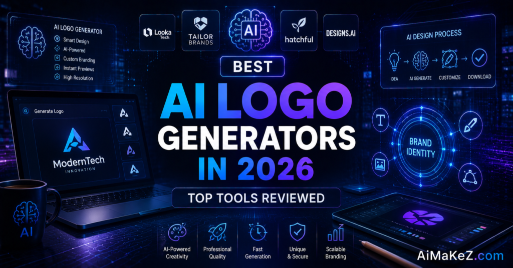 Best AI Logo Generators in 2026 featuring AI-powered logo design software, brand identity creation, automated logo generation, and futuristic graphic design interfaces.