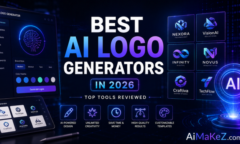 Best AI Logo Generators in 2026 featured image showing futuristic AI logo creation software, holographic logo design interface, branding dashboards, and digital design tools with the title "Best AI Logo Generators in 2026: Top Tools Reviewed".
