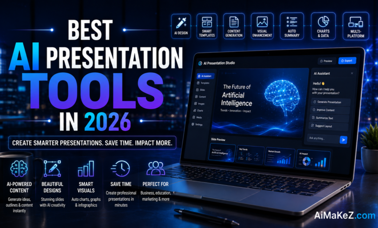 Best AI Presentation Tools in 2026 featuring AI-powered presentation software, smart slide creation, automated design, presentation templates, and intelligent business presentation dashboards.