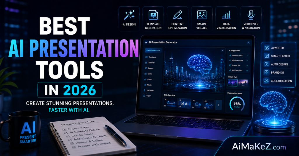 Best AI Presentation Tools in 2026 featured image showing an AI-powered presentation builder, smart slide generation, content optimization, data visualization, voiceover features, and futuristic presentation design interface with the title "Best AI Presentation Tools in 2026".