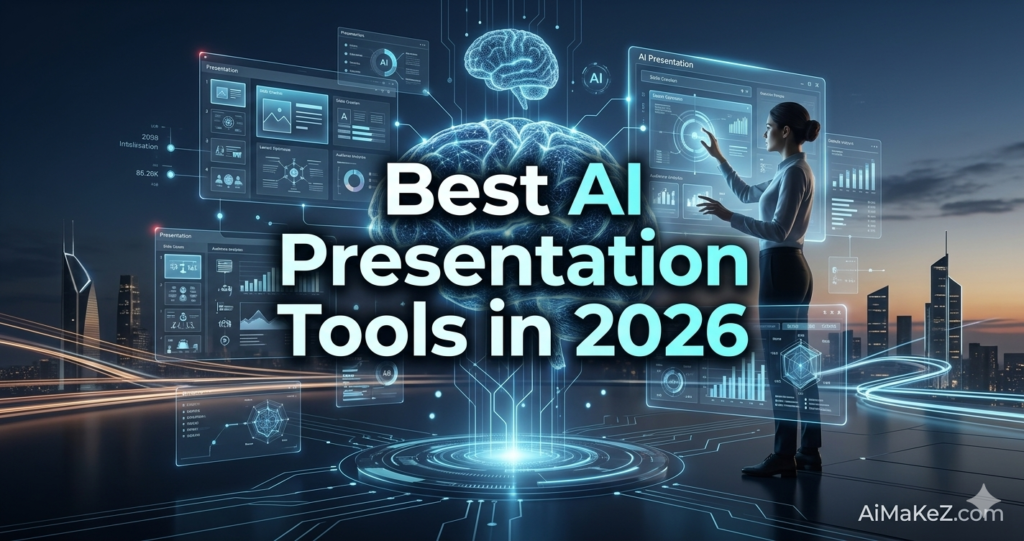 A premium technology review featured banner inside a futuristic corporate office overlooking a glowing city skyline at night. In the center, large bold white and light cyan text reads "Best AI Presentation Tools in 2026". In the middle background, a giant glowing holographic 3D model of a human brain with circuit connections floats above a circular light pad. On the right, a businesswoman in a white shirt and dark trousers interacts with a translucent glass HUD panel displaying "AI Presentation" slide analytics and layout mockups. The brand watermark "AiMaKeZ.com" rests in the bottom-right corner.