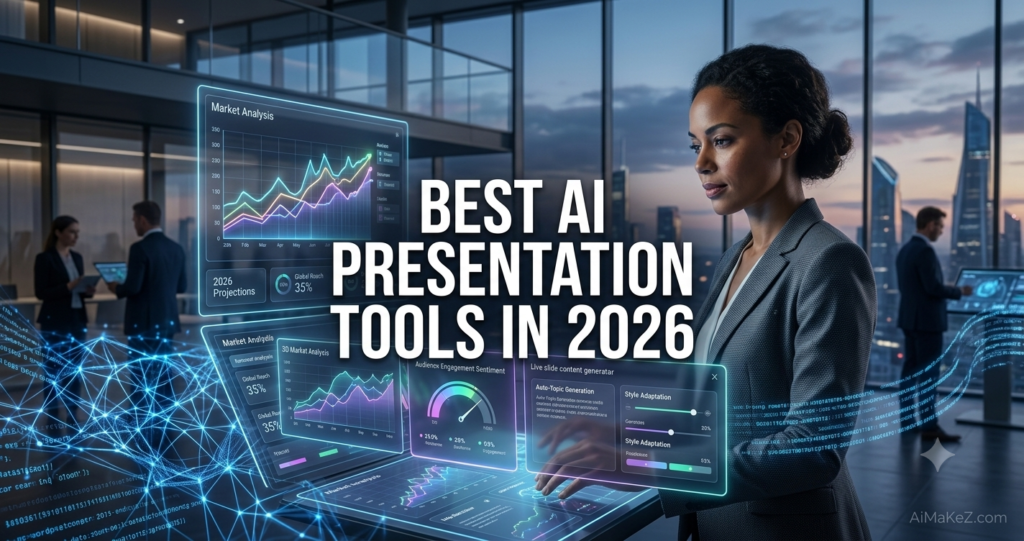 A premium 1200x630 featured image for AiMaKeZ.com titled 'Best AI Presentation Tools in 2026' showing a diverse businesswoman interacting with a holographic multi-screen market analysis dashboard in a futuristic corporate office at dusk.