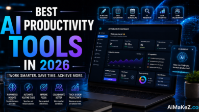 Best AI Productivity Tools in 2026 featuring AI-powered productivity software, task automation, smart scheduling, workflow management, AI assistants, and business productivity dashboards.