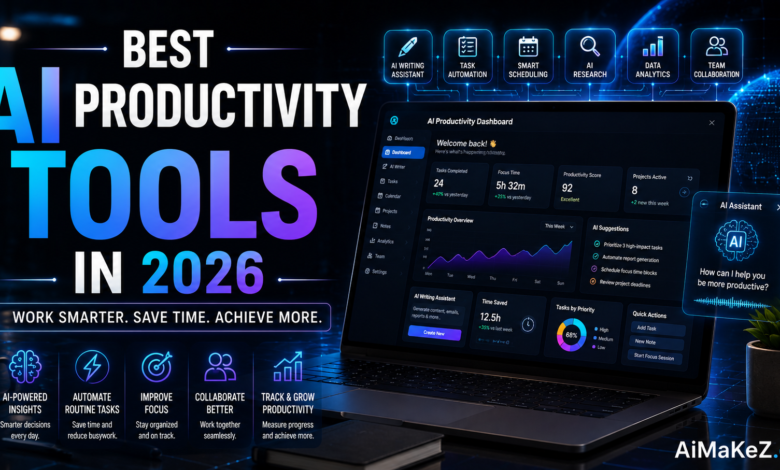 Best AI Productivity Tools in 2026 featuring AI-powered productivity software, task automation, smart scheduling, workflow management, AI assistants, and business productivity dashboards.