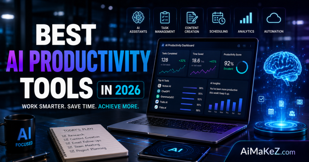 Best AI Productivity Tools in 2026 featured image showing an AI-powered productivity dashboard, workflow automation, task management, content creation, analytics, scheduling, and futuristic digital workspace with the title "Best AI Productivity Tools in 2026".