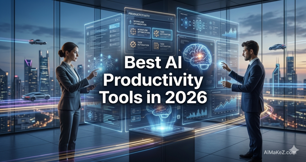 A premium technology review featured banner inside a modern corporate high-rise office overlooking a city skyline at dusk. In the center, large bold white text reads "Best AI Productivity Tools in 2026". On the left, a businesswoman in a gray tailored suit points to a transparent holographic panel showing task optimization data and neural networks. On the right, a businessman interacts with a screen displaying a glowing 3D AI brain model and productivity metrics. The brand watermark "AiMaKeZ.com" is visible in the bottom-right corner.