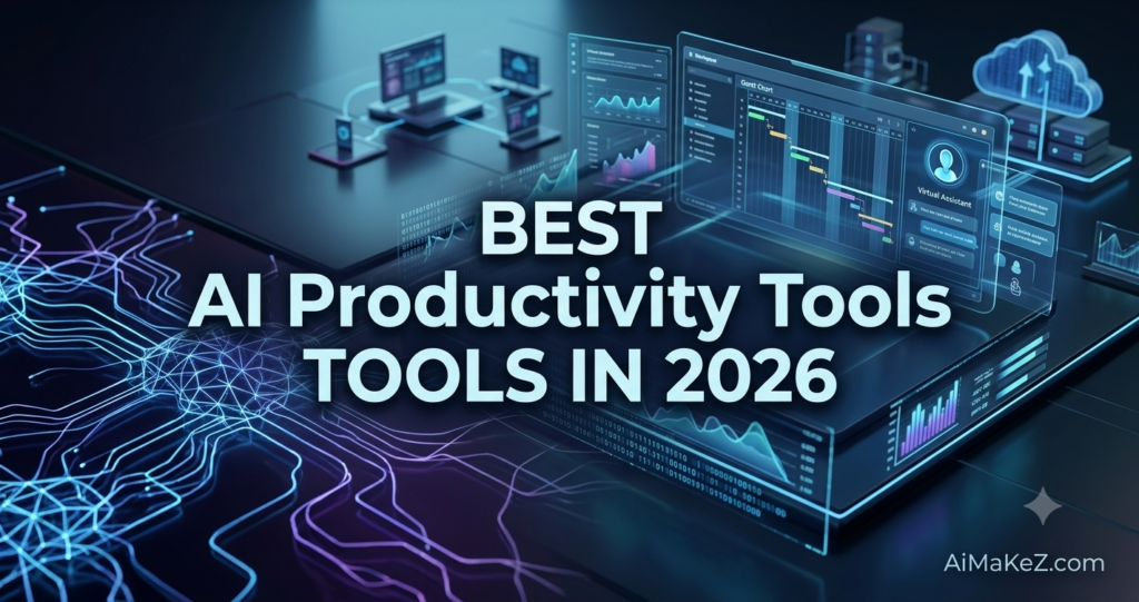 A premium 1200x630 technology featured image for AiMaKeZ.com titled 'Best AI Productivity Tools in 2026' featuring a futuristic transparent interface displaying a gantt chart and virtual assistant metrics.