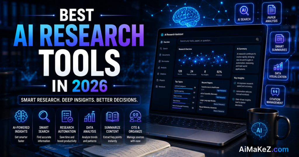 Best AI Research Tools in 2026 featuring AI-powered research platforms, academic search engines, paper analysis, literature review tools, citation management, and intelligent research dashboards.