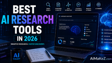 Best AI Research Tools in 2026 featured image showing an AI-powered research assistant dashboard, smart search, academic paper analysis, citation management, data extraction, and futuristic research technology with the title "Best AI Research Tools in 2026".