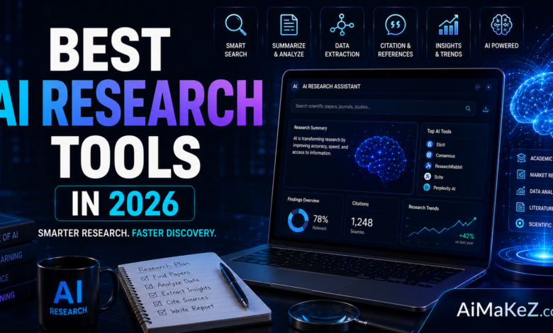Best AI Research Tools in 2026 featured image showing an AI-powered research assistant dashboard, smart search, academic paper analysis, citation management, data extraction, and futuristic research technology with the title "Best AI Research Tools in 2026".