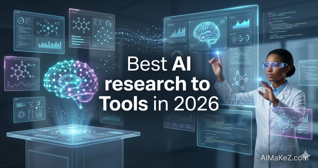 A premium technology review featured image banner set inside a futuristic research laboratory. In the center, large bold white text reads "Best AI research to Tools in 2026". On the left, an advanced holographic pedestal projects a glowing neon blue and pink 3D model of a human brain with a complex neural network. On the right, a female scientist in a white lab coat and glowing smart safety glasses interacts with transparent glass HUD panels displaying chemical structures, data streams, and data graphs. The brand watermark "AiMaKeZ.com" sits in the bottom-right corner.