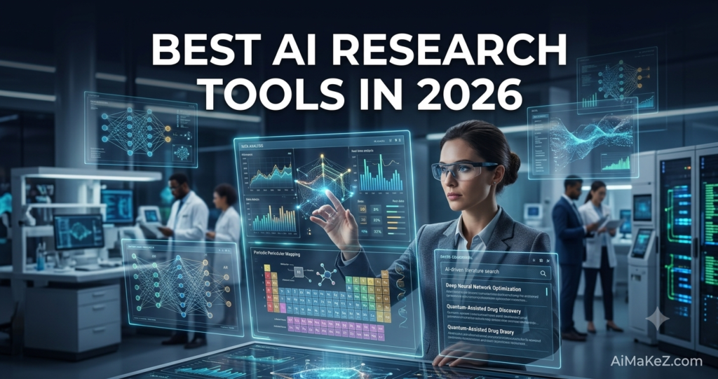 A premium 1200x630 technology featured image for AiMaKeZ.com titled 'Best AI Research Tools in 2026' featuring a professional female scientist interacting with holographic data analytics and neural network screens in a modern laboratory.
