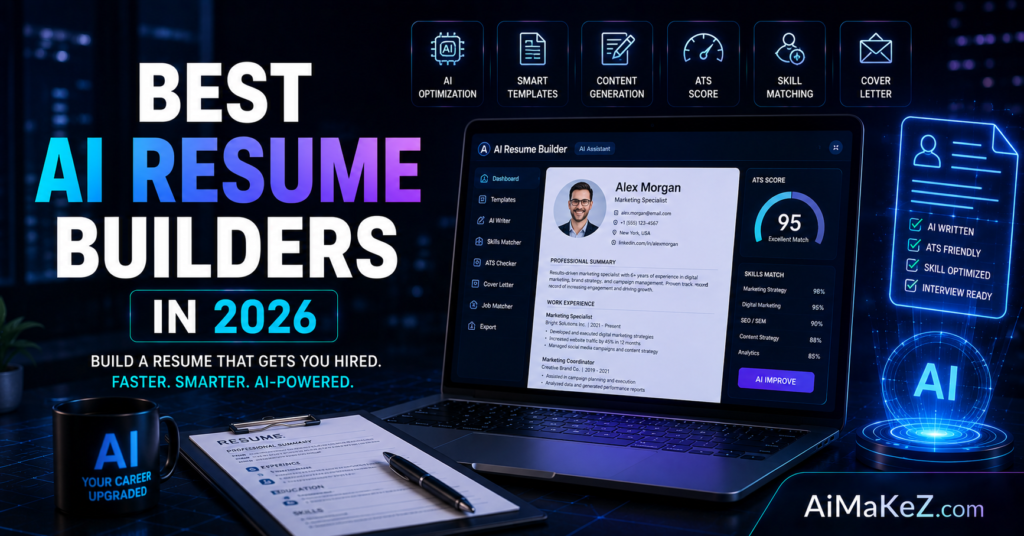 Best AI Resume Builders in 2026 featured image showing an AI-powered resume builder dashboard, ATS optimization, smart resume templates, content generation, skill matching, and futuristic career technology with the title "Best AI Resume Builders in 2026".