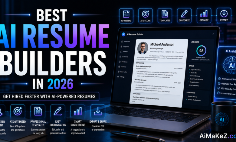 Best AI Resume Builders in 2026 featuring AI-powered resume builder software, ATS-friendly resume templates, AI writing assistant, resume optimization, and job application tools.