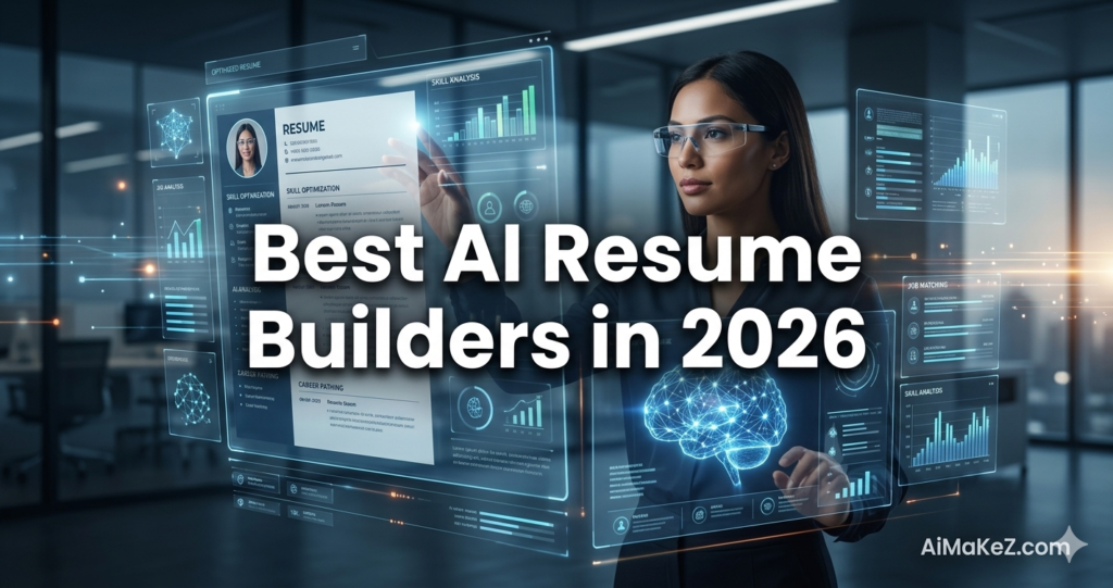 A premium tech review featured image banner set inside a dimly lit corporate office. In the center, large bold white text reads "Best AI Resume Builders in 2026". On the right, a professional woman wearing smart glasses looks intently at a giant glowing holographic display. The translucent interface shows a digital "RESUME" template profile, analytical graphs labeled "SKILL ANALYSIS", "JOB MATCHING" chart updates, and an illuminated 3D neural brain network model at the bottom. The brand watermark "AiMaKeZ.com" sits discreetly in the bottom-right corner.