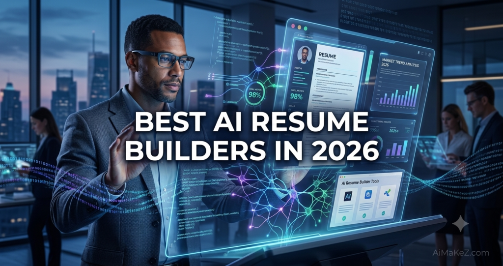 A premium 1200x630 featured image for AiMaKeZ.com titled 'Best AI Resume Builders in 2026' featuring a professional man interacting with a holographic CV optimization interface in a high-tech corporate office.