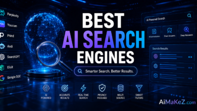 Best AI Search Engines featured image showing futuristic AI-powered search interfaces, intelligent search results, holographic dashboards, global data networks, and advanced AI search technology with the title "Best AI Search Engines".