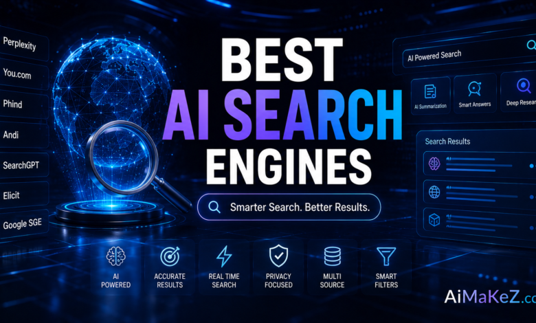 Best AI Search Engines featured image showing futuristic AI-powered search interfaces, intelligent search results, holographic dashboards, global data networks, and advanced AI search technology with the title "Best AI Search Engines".