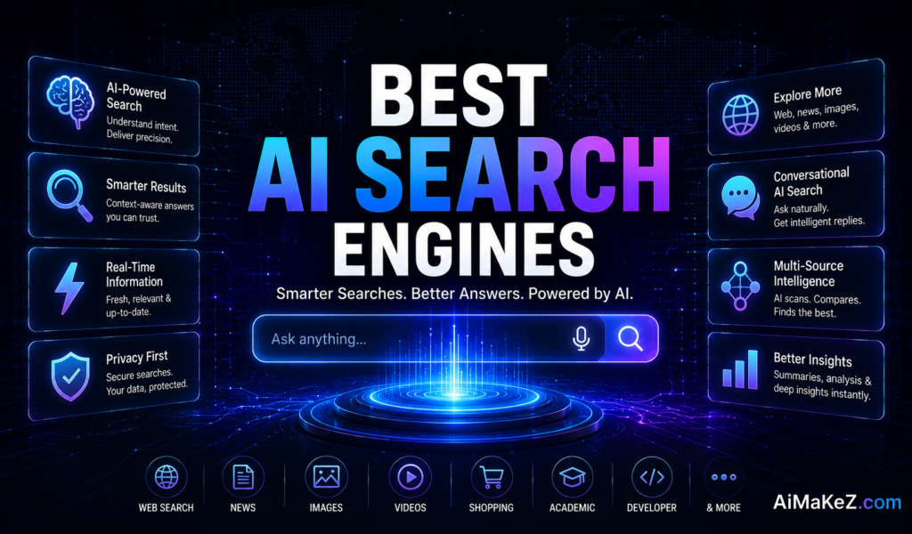Best AI Search Engines featuring AI-powered search technology, intelligent search interface, conversational AI, semantic search, and futuristic digital search dashboards.