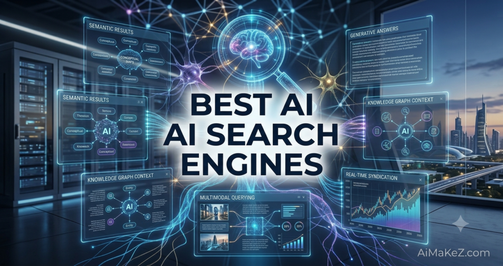 A premium 1200x630 technology featured image for AiMaKeZ.com titled 'BEST AI SEARCH ENGINES' showing a holographic magnifying glass focusing on a neural brain core surrounded by generative answers, knowledge graph context, and multimodal querying dashboards.