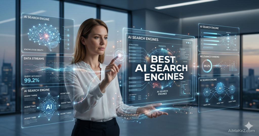 A premium technology review featured banner graphic set in a high-end corporate office overlooking a blurred city skyline. In the center, a professional woman with blonde hair wearing a white blouse interacts with a large, transparent holographic interface. The central screen displays the bold text header "BEST AI SEARCH ENGINES". Surrounding digital panels showcase search architecture metrics including a glowing 3D "KNOWLEDGE GRAPH" brain, "DATA STREAMS" tracking a "QUERY ACCURACY" of 99.2%, a "RELEVANCE RANKING" module, and multi-agent network trees labeled "AI SEARCH ENGINE". The brand watermark "AiMaKeZ.com" rests in the bottom-right corner.