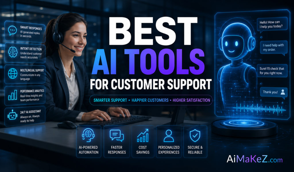 Best AI Tools for Customer Support featured image showing a futuristic AI chatbot, customer service dashboard, live chat interface, intelligent automation, and holographic support technology with the title "Best AI Tools for Customer Support".