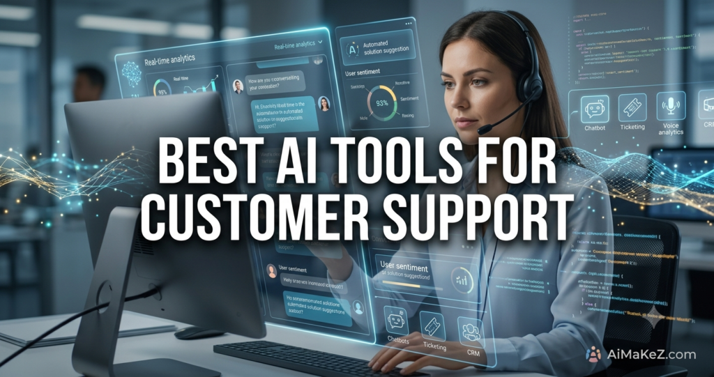 A premium customer experience technology review featured banner graphic set inside a modern call center office. In the center, a focused female support agent wearing a professional headset sits at a desk typing on her keyboard. Large, bold white text across the middle reads "BEST AI TOOLS FOR CUSTOMER SUPPORT". In front of her, glowing translucent holographic interface panels display "Real-time analytics," chat message bubbles, a "User sentiment" donut chart scoring 93%, an "Automated solution suggestion" panel, and workflow action icons for "Chatbot," "Ticketing," "Voice analytics," and "CRM." The brand watermark "AiMaKeZ.com" is visible in the bottom-right corner.