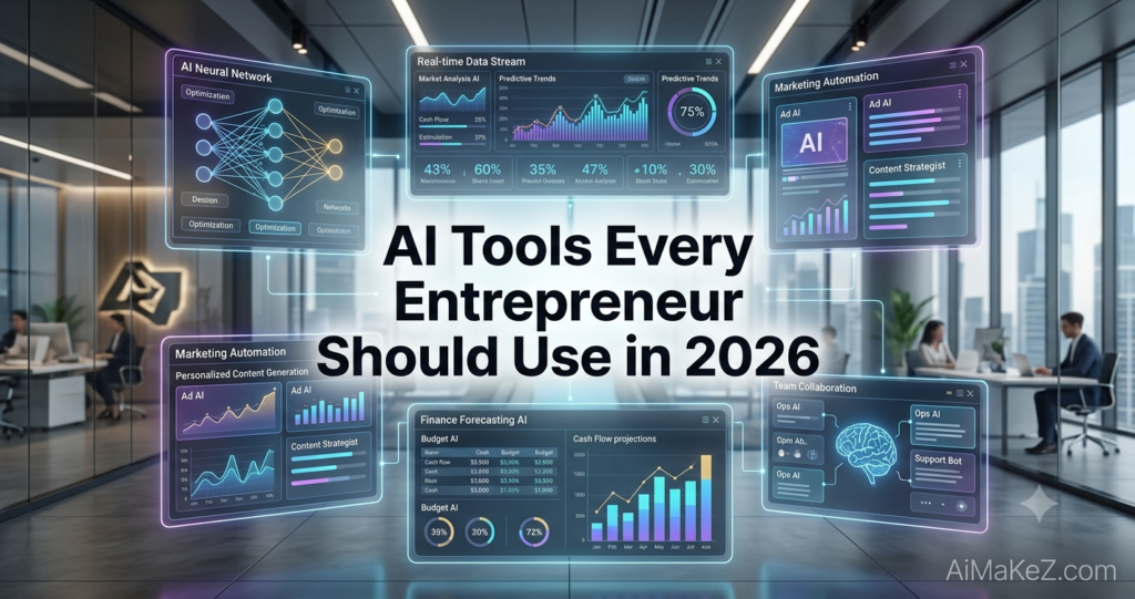 A premium corporate technology featured banner graphic set inside a modern glass-walled tech company headquarters. In the center, large, bold black typography reads "AI Tools Every Entrepreneur Should Use in 2026". Surrounding the title are several floating neon-rimmed translucent dashboard screens detailing business metrics: an AI Neural Network node graph, a Real-time Data Stream displaying predictive trend line graphs, a Marketing Automation panel for ad management and content strategy, a Finance Forecasting AI displaying cash flow projection bar charts, and a Team Collaboration console showing a digital brain and a support bot interface. The brand watermark "AiMaKeZ.com" rests in the bottom-right corner.