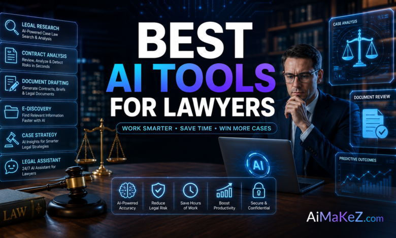 Best AI Tools for Lawyers featured image showing a futuristic legal workspace with AI-powered legal research, contract analysis, case management dashboards, and holographic law technology interfaces with the title "Best AI Tools for Lawyers".