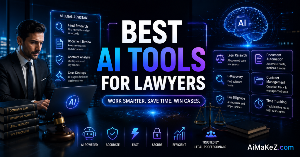 Best AI Tools for Lawyers featuring AI-powered legal research, contract analysis, document automation, case management, and futuristic legal technology dashboards.
